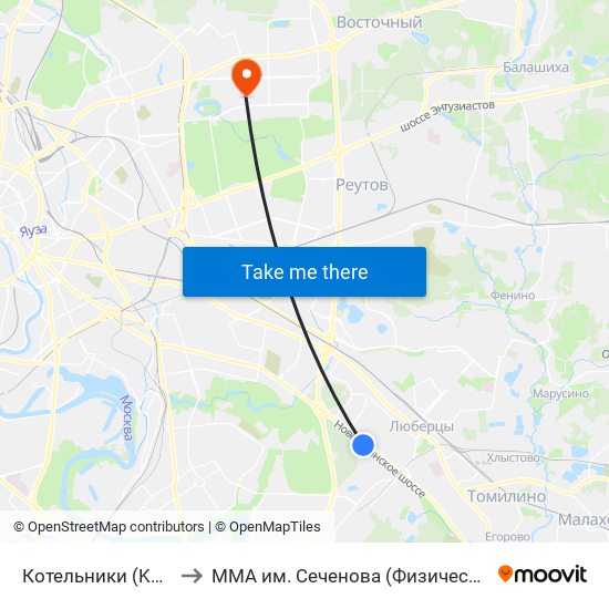 Котельники (Kotelniki) to ММА им. Сеченова (Физический корпус) map