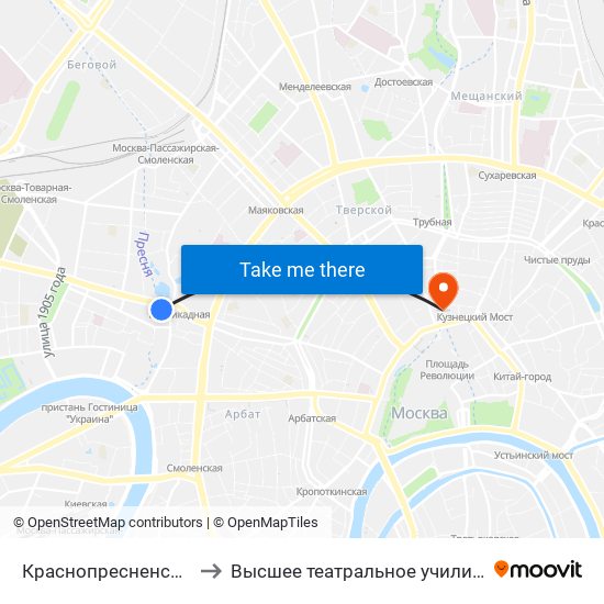 Краснопресненская (Krasnopresnenskaya) to Высшее театральное училище (институт) имени М. С. Щепкина map