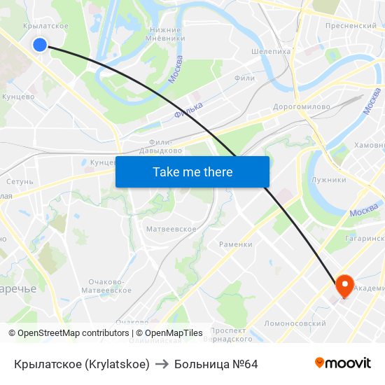 Крылатское (Krylatskoe) to Больница №64 map