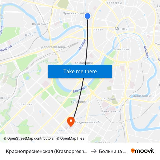Краснопресненская (Krasnopresnenskaya) to Больница №64 map