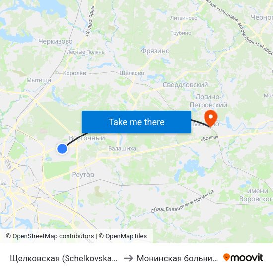 Щелковская (Schelkovskaya) to Монинская больница map