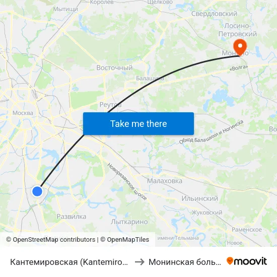 Кантемировская (Kantemirovskaya) to Монинская больница map