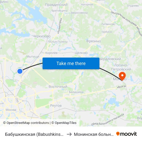 Бабушкинская (Babushkinskaya) to Монинская больница map