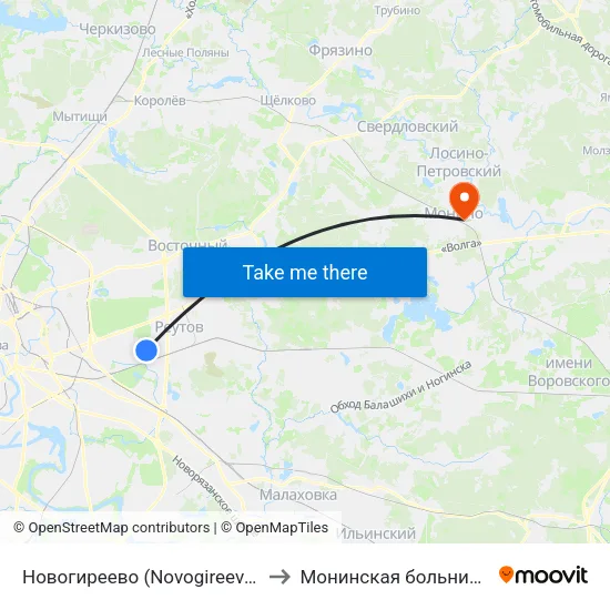 Новогиреево (Novogireevo) to Монинская больница map
