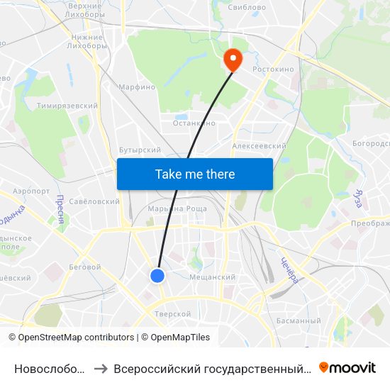 Новослободская (Novoslobodskaya) to Всероссийский государственный университет кинематографии имени С. А. Герасимова (ВГИК) map