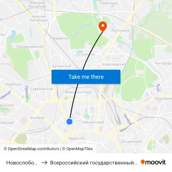 Новослободская (Novoslobodskaya) to Всероссийский государственный университет кинематографии имени С. А. Герасимова (ВГИК) map