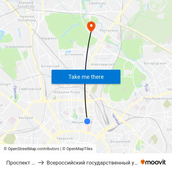Проспект Мира (Prospekt Mira) to Всероссийский государственный университет кинематографии имени С. А. Герасимова (ВГИК) map