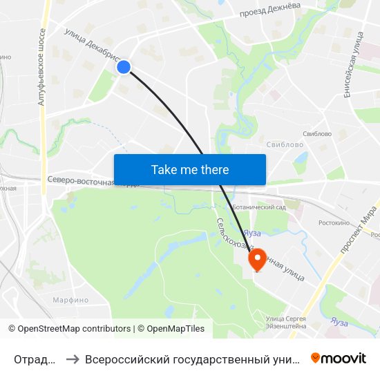 Отрадное (Otradnoe) to Всероссийский государственный университет кинематографии имени С. А. Герасимова (ВГИК) map