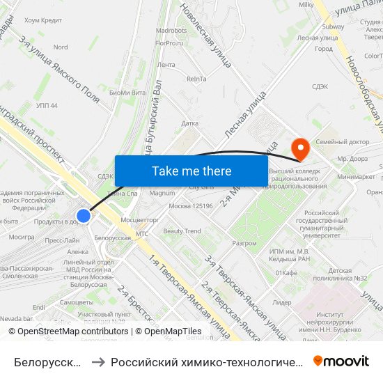 Белорусская (Belorusskaya) to Российский химико-технологический университет имени Д.И. Менделеева map