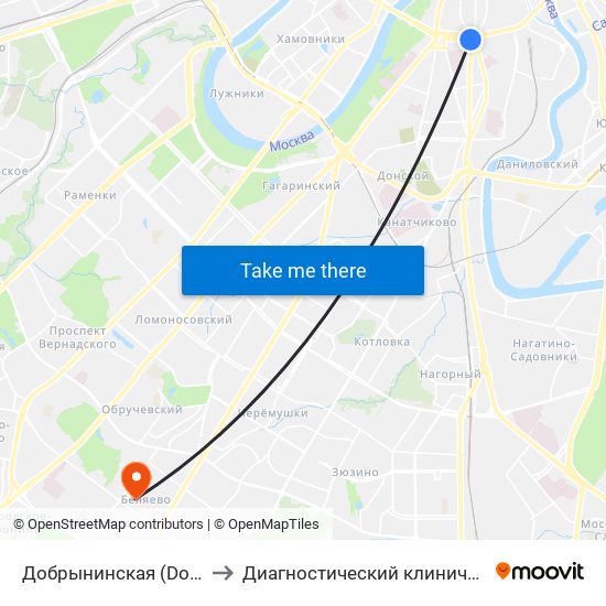 Добрынинская (Dobryninskaya) to Диагностический клинический центр №1 map