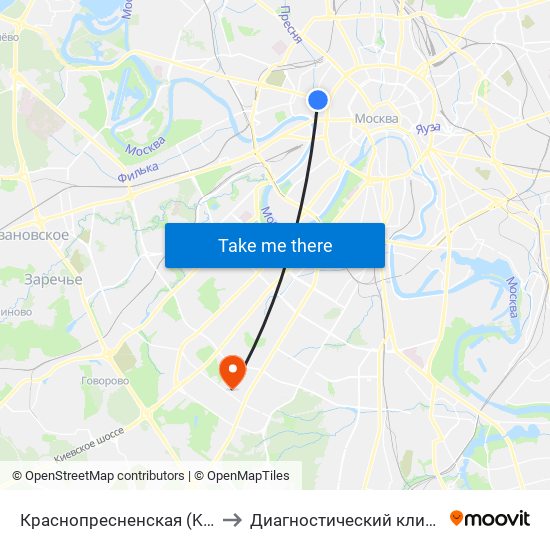 Краснопресненская (Krasnopresnenskaya) to Диагностический клинический центр №1 map