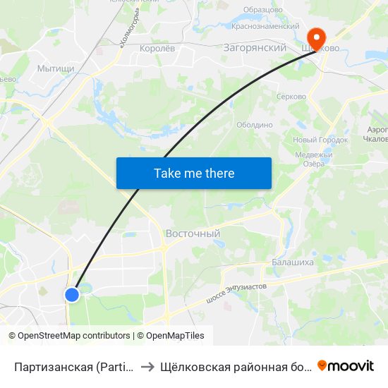 Партизанская (Partizanskaya) to Щёлковская районная больница №2 map