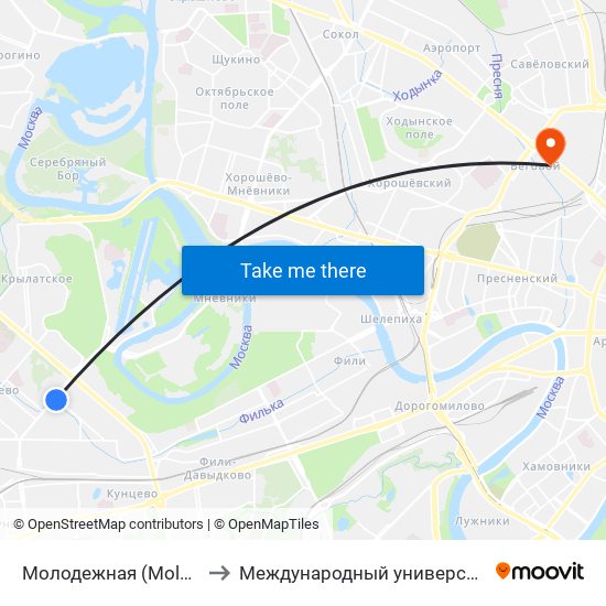 Молодежная (Molodezhnaya) to Международный университет в Москве map