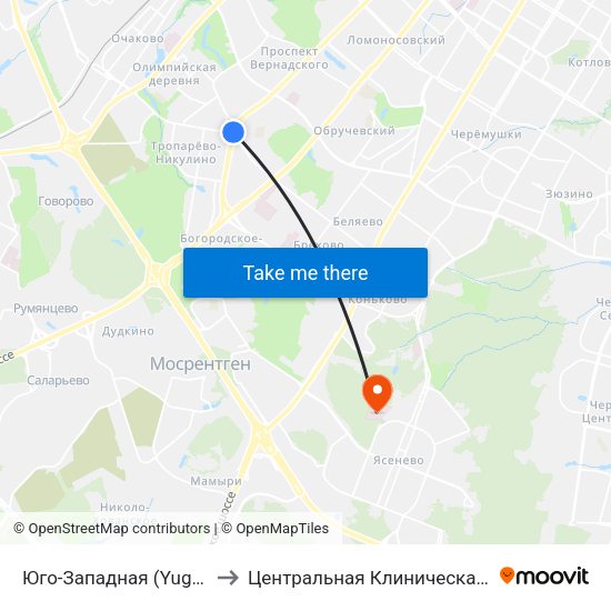 Юго-Западная (Yugo-Zapadnaya) to Центральная Клиническая Больница РАН map