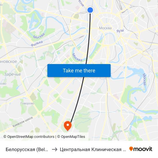 Белорусская (Belorusskaya) to Центральная Клиническая Больница РАН map