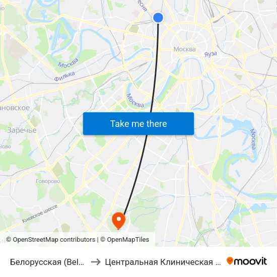 Белорусская (Belorusskaya) to Центральная Клиническая Больница РАН map
