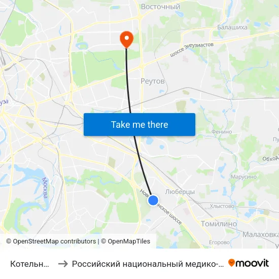 Котельники (Kotelniki) to Российский национальный медико-хирургический центр им. Н.И. Пирогова map
