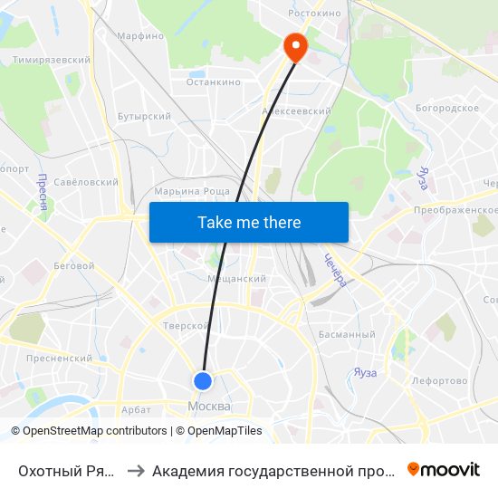 Охотный Ряд (Okhotny Ryad) to Академия государственной противопожарной службы МЧС России map