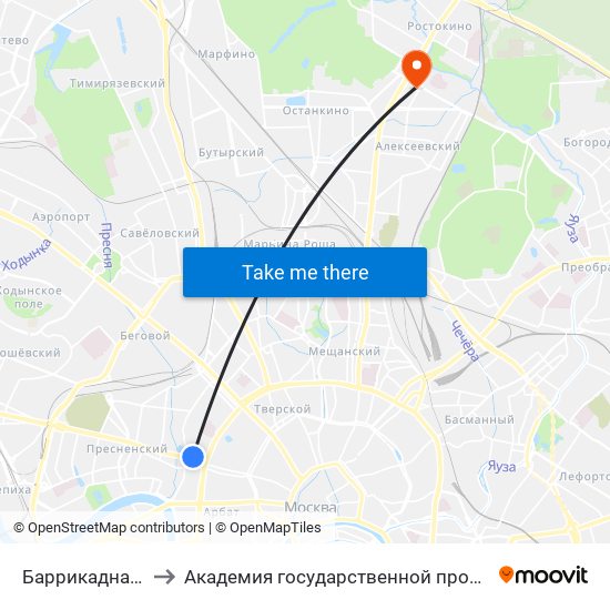 Баррикадная (Barrikadnaya) to Академия государственной противопожарной службы МЧС России map
