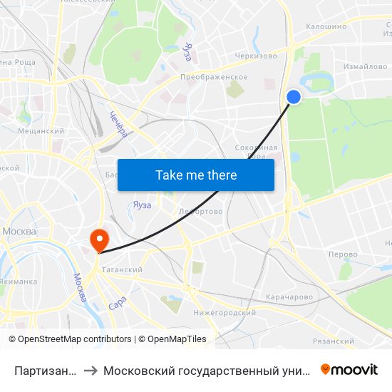 Партизанская (Partizanskaya) to Московский государственный университет технологий и управления имени К. Г. Разумовского map