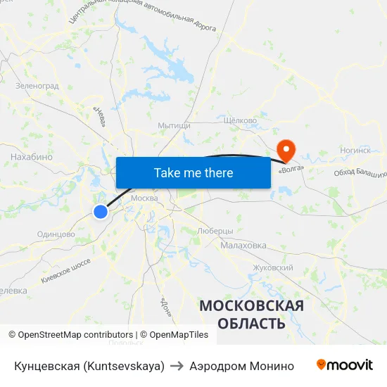 Кунцевская (Kuntsevskaya) to Аэродром Монино map