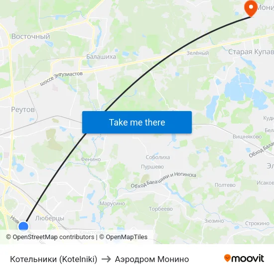 Котельники (Kotelniki) to Аэродром Монино map