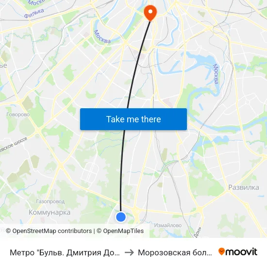 Метро "Бульв. Дмитрия Донского" to Морозовская больница map