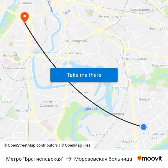 Метро "Братиславская" to Морозовская больница map