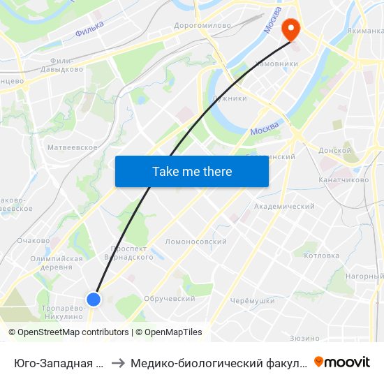 Юго-Западная (Yugo-Zapadnaya) to Медико-биологический факультет РНИМУ им. Н. И. Пирогова map