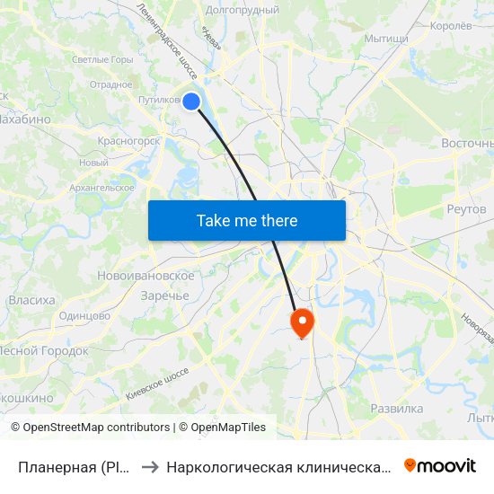 Планерная (Planernaya) to Наркологическая клиническая больница №17 map