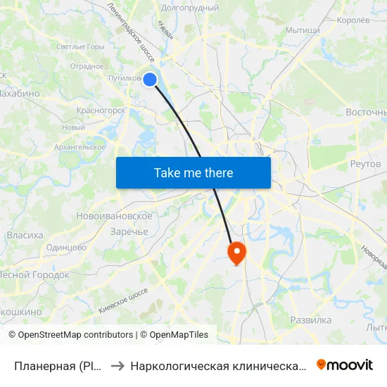Планерная (Planernaya) to Наркологическая клиническая больница №17 map