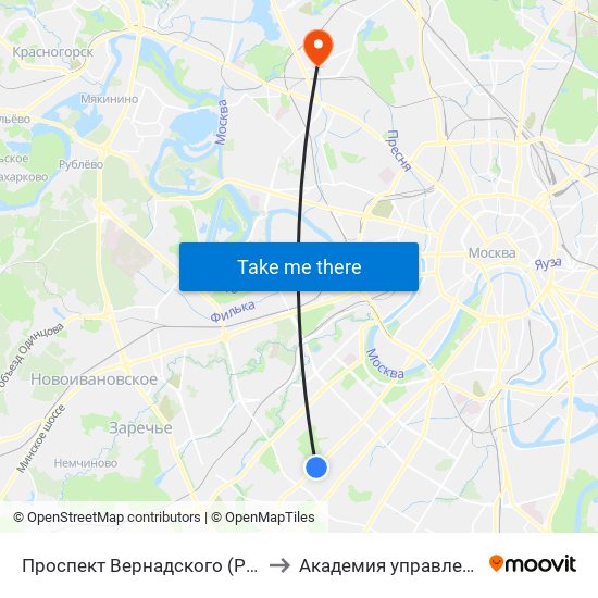 Проспект Вернадского (Prospekt Vernadskogo) to Академия управления МВД России map