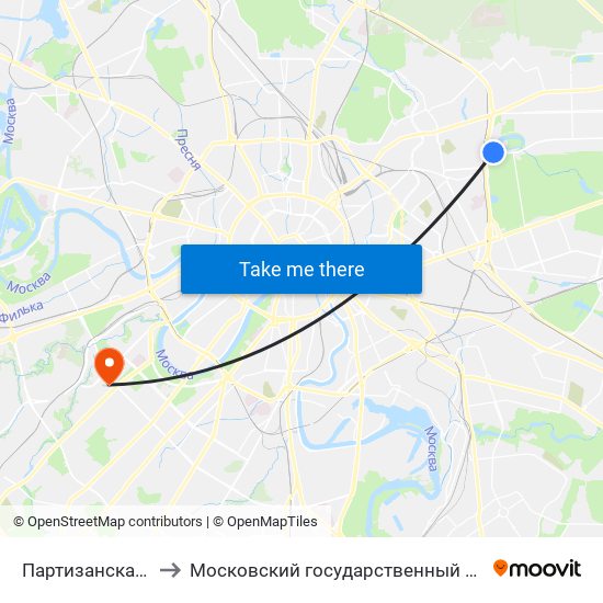 Партизанская (Partizanskaya) to Московский государственный университет им. М. В. Ломоносова map