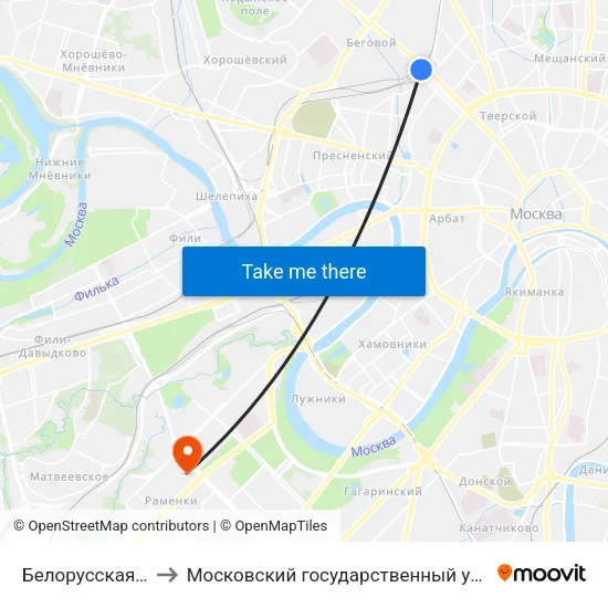 Белорусская (Belorusskaya) to Московский государственный университет им. М. В. Ломоносова map