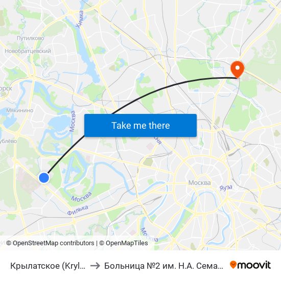 Крылатское (Krylatskoe) to Больница №2 им. Н.А. Семашко (РЖД) map