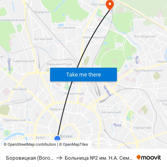 Боровицкая (Borovitskaya) to Больница №2 им. Н.А. Семашко (РЖД) map