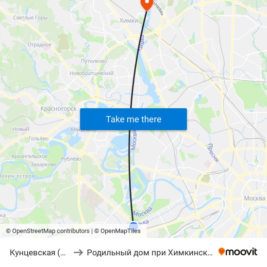 Кунцевская (Kuntsevskaya) to Родильный дом при Химкинской центральной больнице map