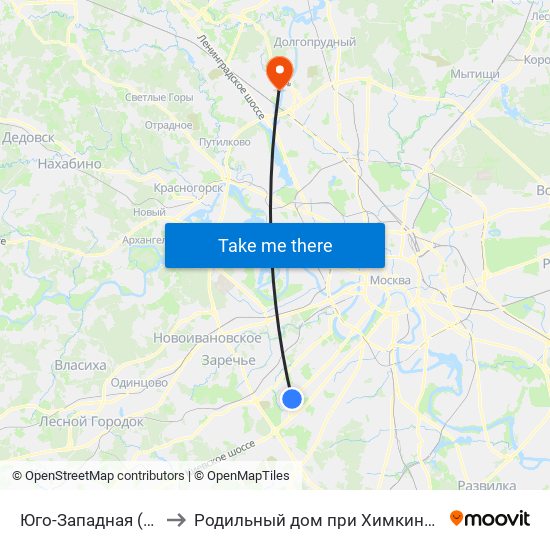 Юго-Западная (Yugo-Zapadnaya) to Родильный дом при Химкинской центральной больнице map