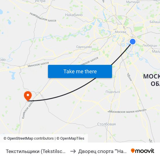 Текстильщики (Tekstilschiki) to Дворец спорта ""Нара"" map