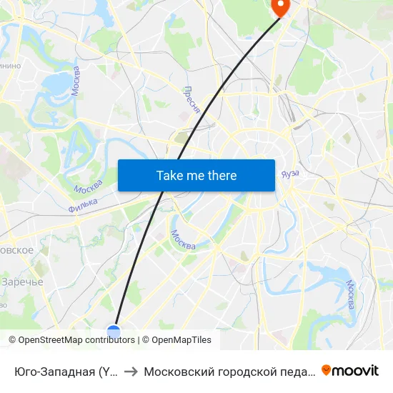 Юго-Западная (Yugo-Zapadnaya) to Московский городской педагогический университет map