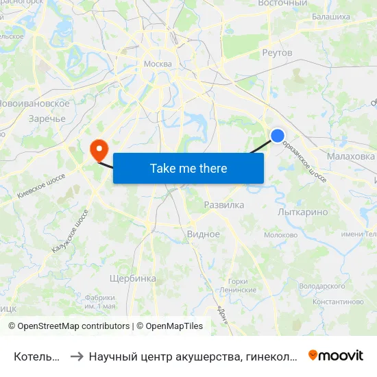 Котельники (Kotelniki) to Научный центр акушерства, гинекологии и перинатологии имени академика В. И. Кулакова map