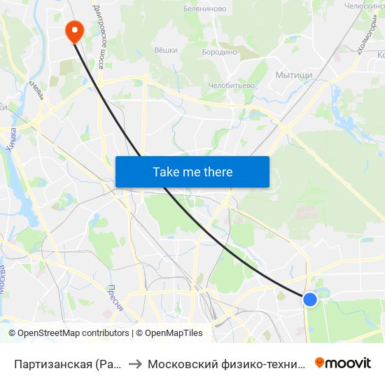 Партизанская (Partizanskaya) to Московский физико-технический институт map