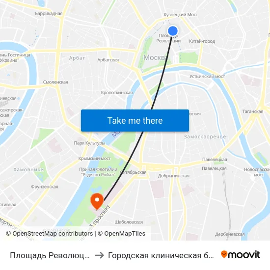 Площадь Революции (Ploschad Revolyutsii) to Городская клиническая больница № 1 им. Н. И. Пирогова map