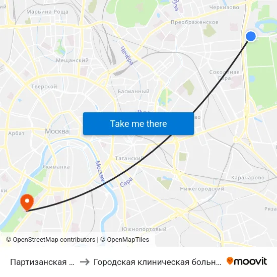 Партизанская (Partizanskaya) to Городская клиническая больница № 1 им. Н. И. Пирогова map