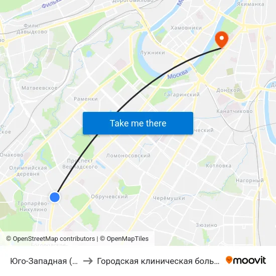 Юго-Западная (Yugo-Zapadnaya) to Городская клиническая больница № 1 им. Н. И. Пирогова map