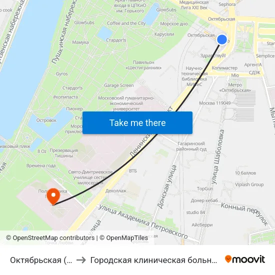 Октябрьская (Oktyabrskaya) to Городская клиническая больница № 1 им. Н. И. Пирогова map