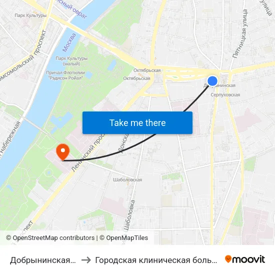 Добрынинская (Dobryninskaya) to Городская клиническая больница № 1 им. Н. И. Пирогова map