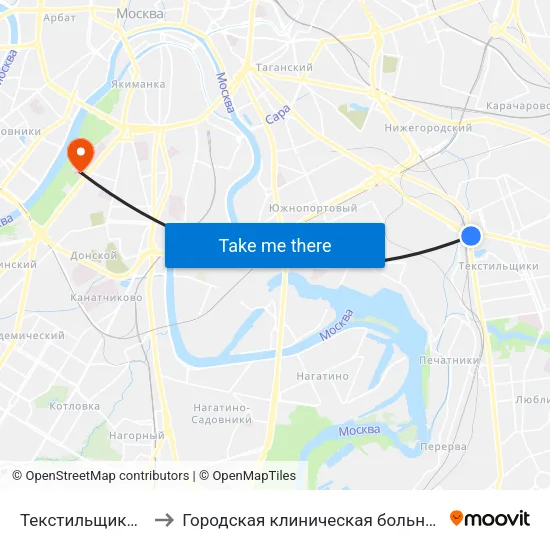 Текстильщики (Tekstilschiki) to Городская клиническая больница № 1 им. Н. И. Пирогова map