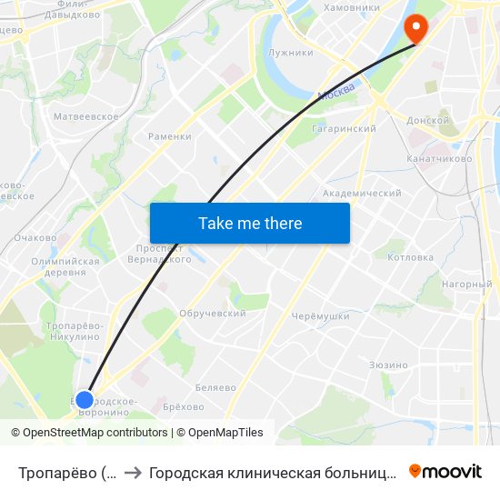Тропарёво (Troparevo) to Городская клиническая больница № 1 им. Н. И. Пирогова map