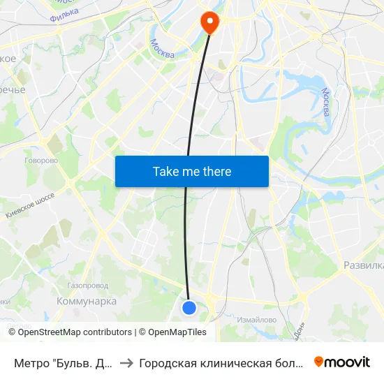 Метро "Бульв. Дмитрия Донского" to Городская клиническая больница № 1 им. Н. И. Пирогова map